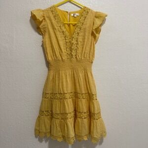 Ever B Yellow Swiss Dot Crochet Lace Flutter Sleeve Mini Dress 4610DR-1 Small